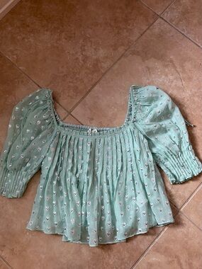 For Love & Lemons Mint Green Heart-Print Puff Sleeve Blouse